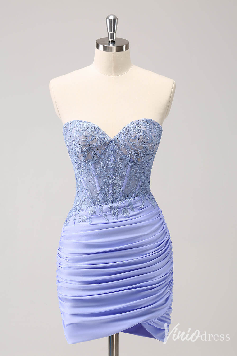 Lavender Strapless Lace Applique Homecoming Dresses Ruched Satin Bodycon Dress S24004-prom dresses 2025 -Viniodress-Lavender-Custom Size-