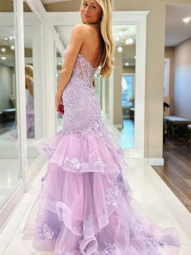 Lavender Strapless Lace Mermaid Prom Dresses with Tiered Bottom & Swee Viniodress Lavender Strapless Lace Mermaid Prom Dresses with Tiered Bottom & Swee Viniodress