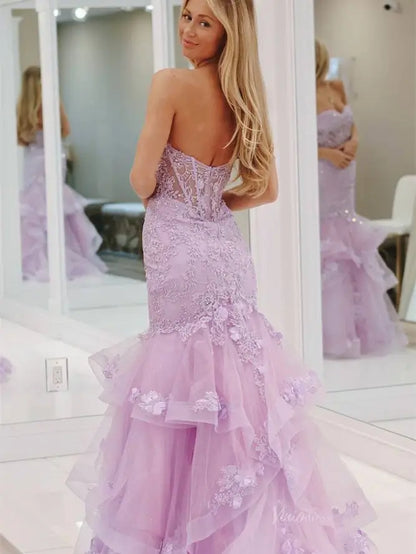 Lavender Strapless Lace Mermaid Prom Dresses with Tiered Bottom & Sweetheart Neck - FD5030-prom dresses 2025 -Viniodress-Lavender-Custom Size-