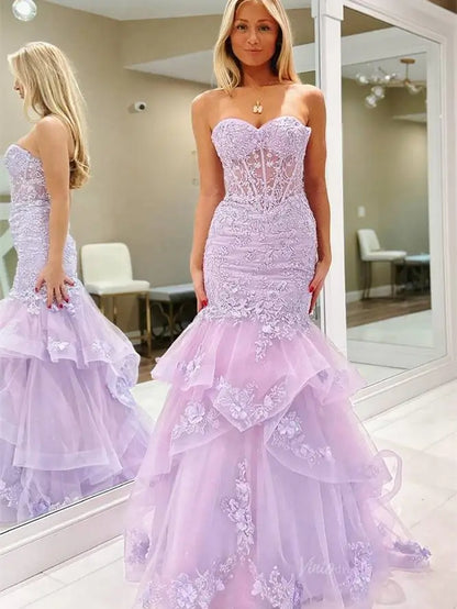 Lavender Strapless Lace Mermaid Prom Dresses with Tiered Bottom & Sweetheart Neck - FD5030-prom dresses 2025 -Viniodress-Lavender-Custom Size-