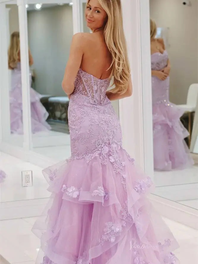 prom dresses 2025 Lavender Strapless Lace Mermaid Prom Dresses with Tiered Bottom & Sweetheart Neck - FD5030-plus size wedding dresses Viniodress-Lavender-Custom Size-