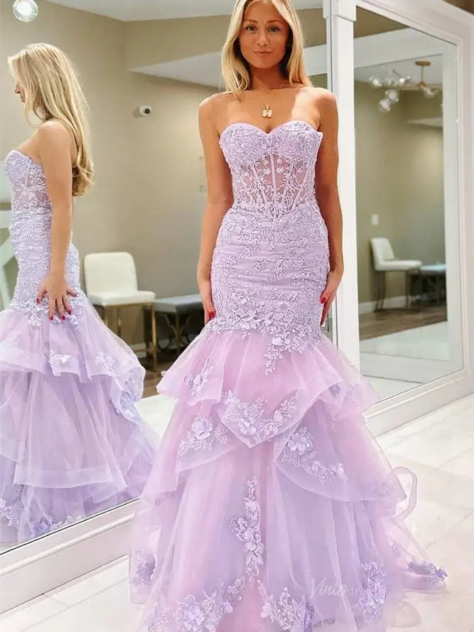 prom dresses 2025 Lavender Strapless Lace Mermaid Prom Dresses with Tiered Bottom & Sweetheart Neck - FD5030-plus size wedding dresses Viniodress-Lavender-Custom Size-