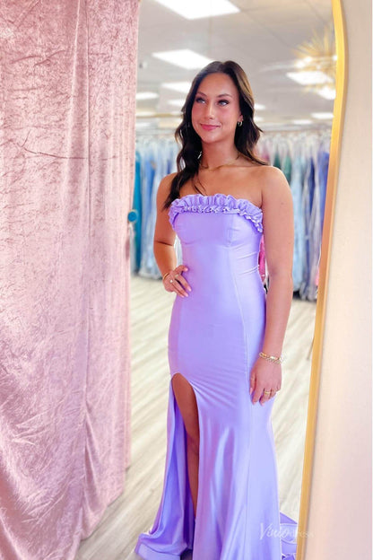 Lavender Strapless Mermaid Prom Dress with Ruffle Trim, Lace-Up Back & High Slit – SS128-prom dresses 2026-Viniodress-Lavender-Custom Size-