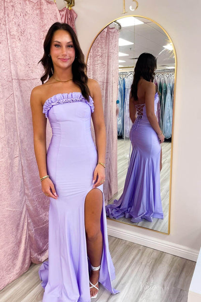Lavender Strapless Mermaid Prom Dress with Ruffle Trim, Lace-Up Back & High Slit – SS128