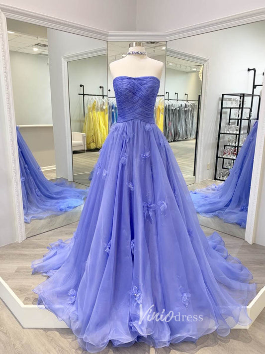 Lavender Strapless Prom Dresses 3D Flower Pleated Evening Dress FD3047-prom dresses 2025 -Viniodress-Lavender-Custom Size-