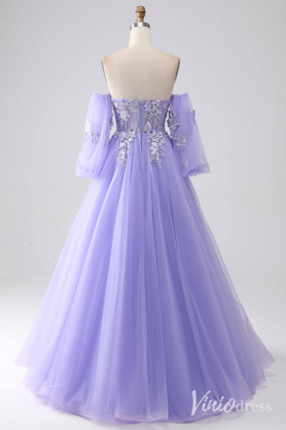 Lavender Sweetheart Removable Sleeve Prom Dresses Lace Applique Formal Gown AD1102-prom dresses 2025 -Viniodress-Lavender-Custom Size-