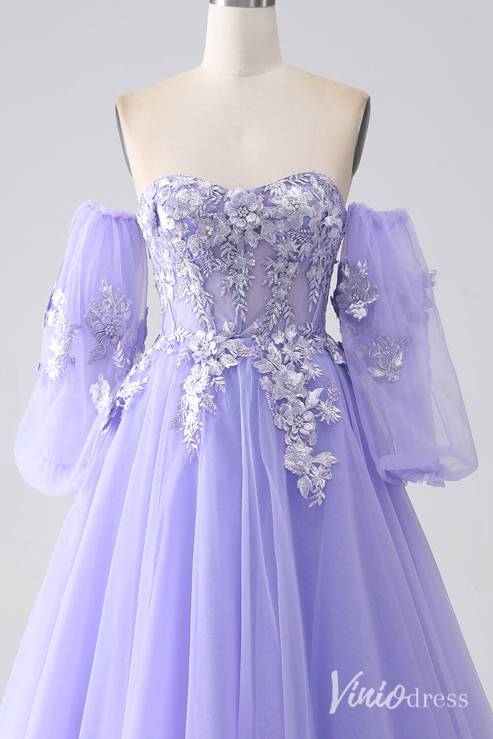 Lavender Sweetheart Removable Sleeve Prom Dresses Lace Applique Formal Gown AD1102-prom dresses 2025 -Viniodress-Lavender-Custom Size-