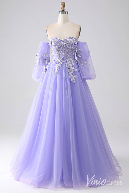 Lavender Sweetheart Removable Sleeve Prom Dresses Lace Applique Formal Gown AD1102-prom dresses 2025 -Viniodress-Lavender-Custom Size-