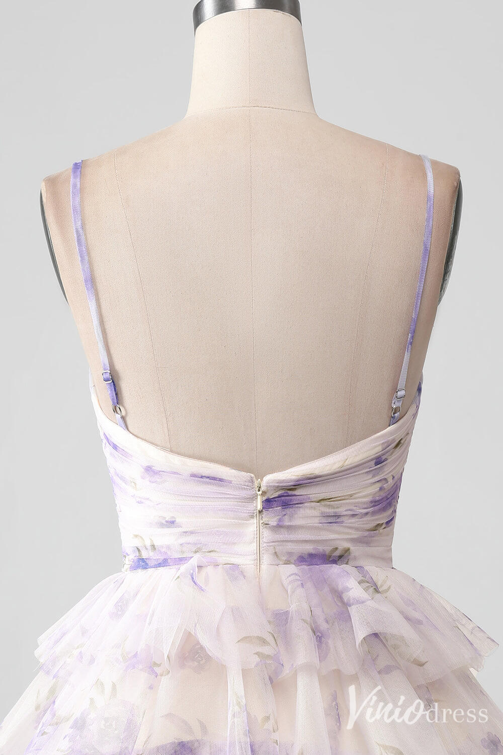 Lavender Tiered Spaghetti Strap Homecoming Dresses Floral Print Back to School Dress S24041-prom dresses-Viniodress-Viniodress