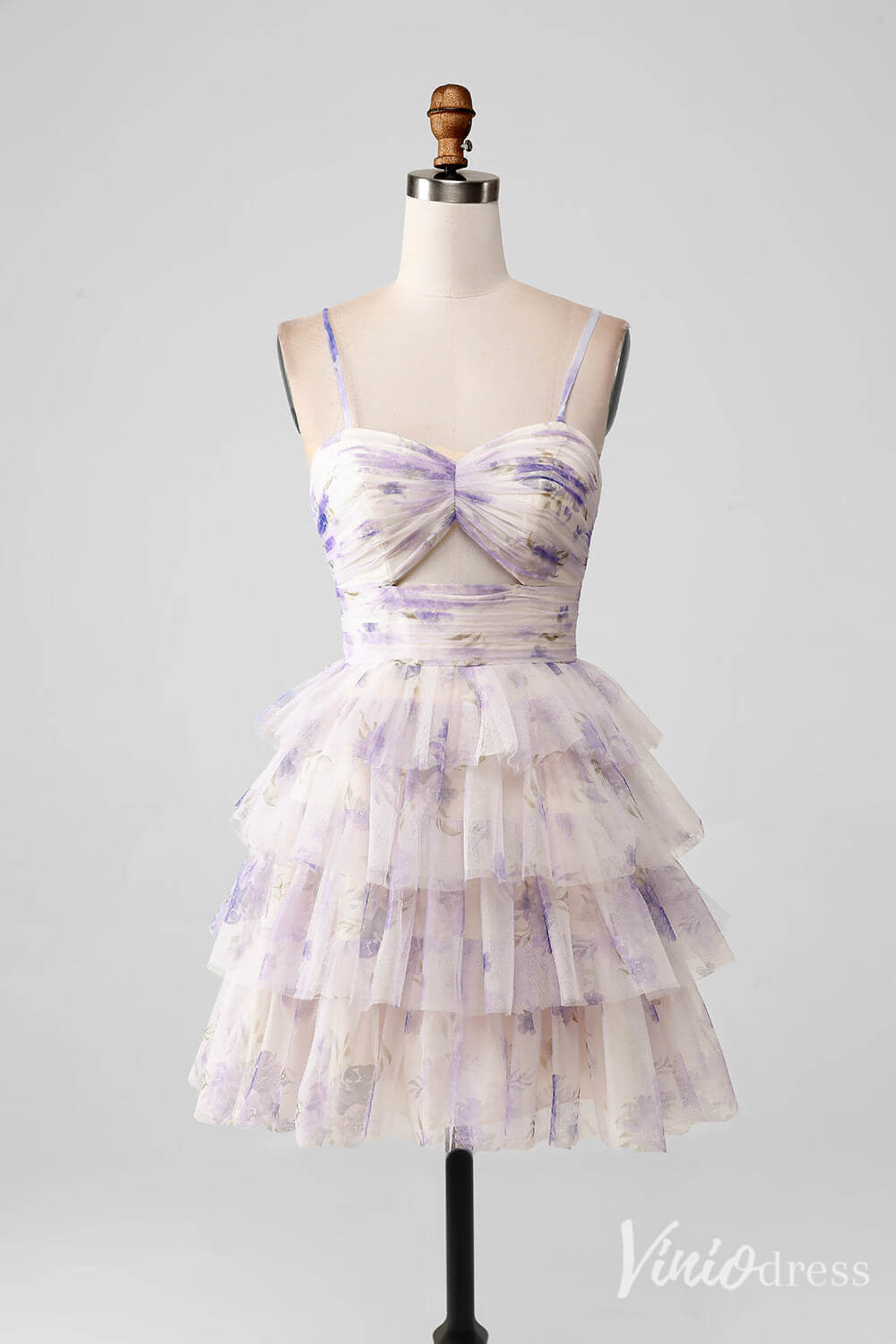 Lavender Tiered Spaghetti Strap Homecoming Dresses Floral Print Back to School Dress S24041-prom dresses-Viniodress-Lavender-Custom Size-Viniodress