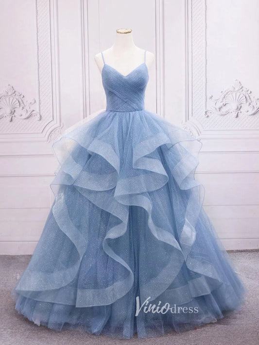 Lavender Tiered Spaghetti Strap Prom Dresses Sparkly Tulle Evening Dress FD3121-prom dresses 2025 -Viniodress-Dusty Blue-Custom Size-