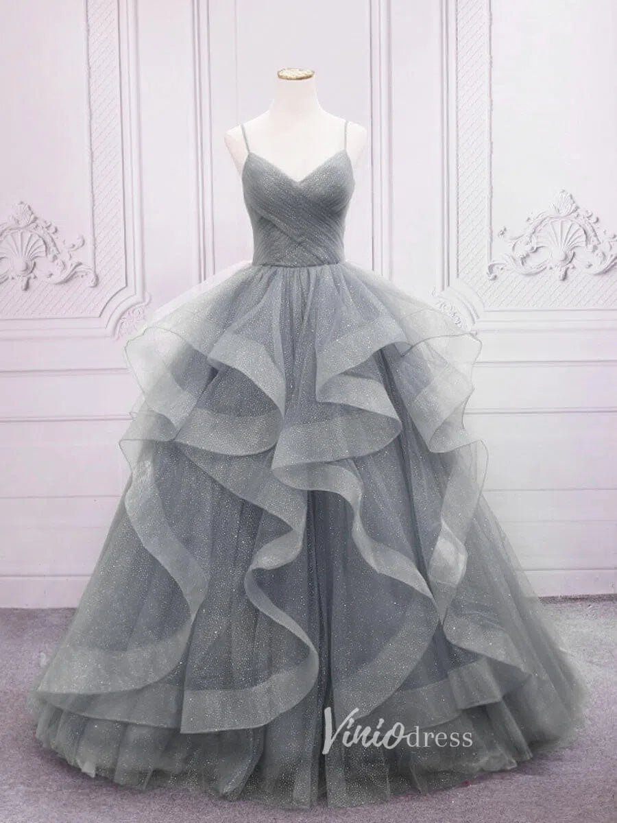 Lavender Tiered Spaghetti Strap Prom Dresses Sparkly Tulle Evening Dress FD3121-prom dresses 2025 -Viniodress-Grey-Custom Size-