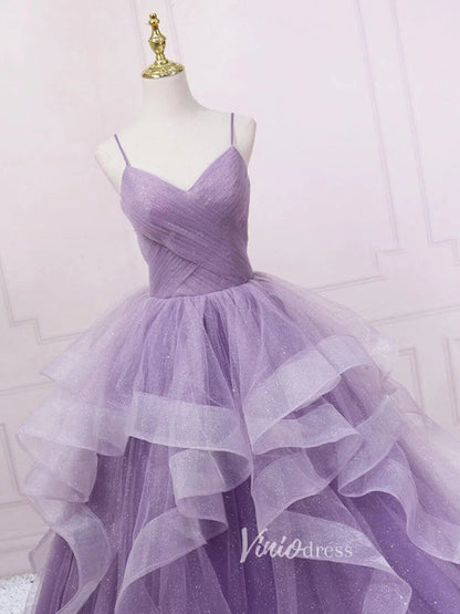 Lavender Tiered Spaghetti Strap Prom Dresses Sparkly Tulle Evening Dress FD3121-prom dresses 2025 -Viniodress-Lavender-Custom Size-