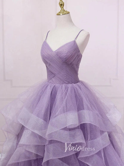 Lavender Tiered Spaghetti Strap Prom Dresses Sparkly Tulle Evening Dress FD3121-prom dresses 2025 -Viniodress-Lavender-Custom Size-