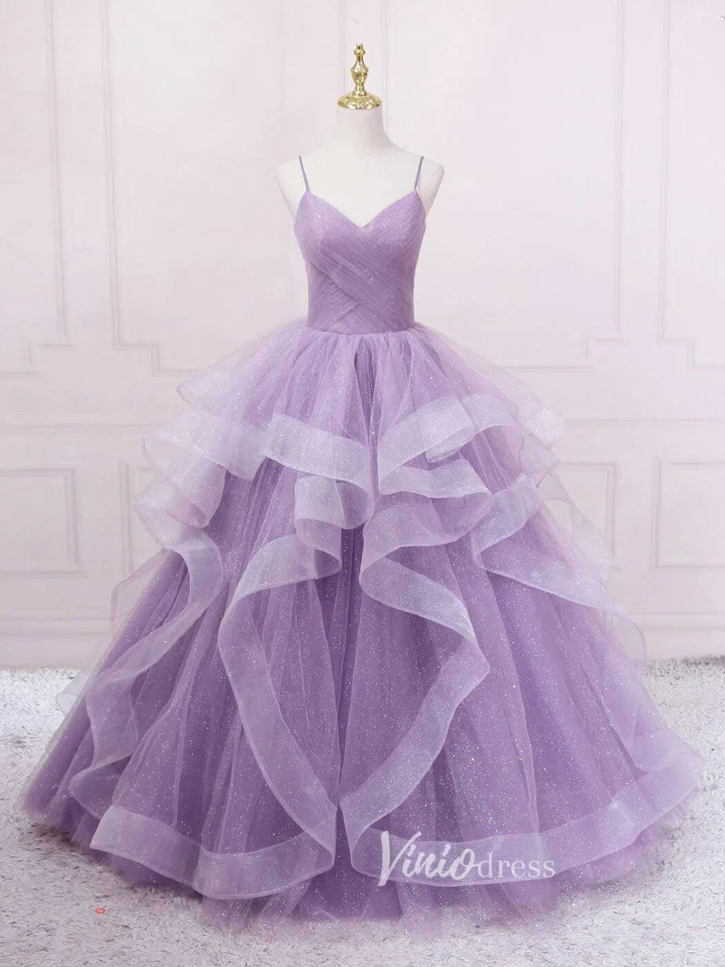 Lavender Tiered Spaghetti Strap Prom Dresses Sparkly Tulle Evening Dress FD3121-prom dresses 2025 -Viniodress-Lavender-Custom Size-