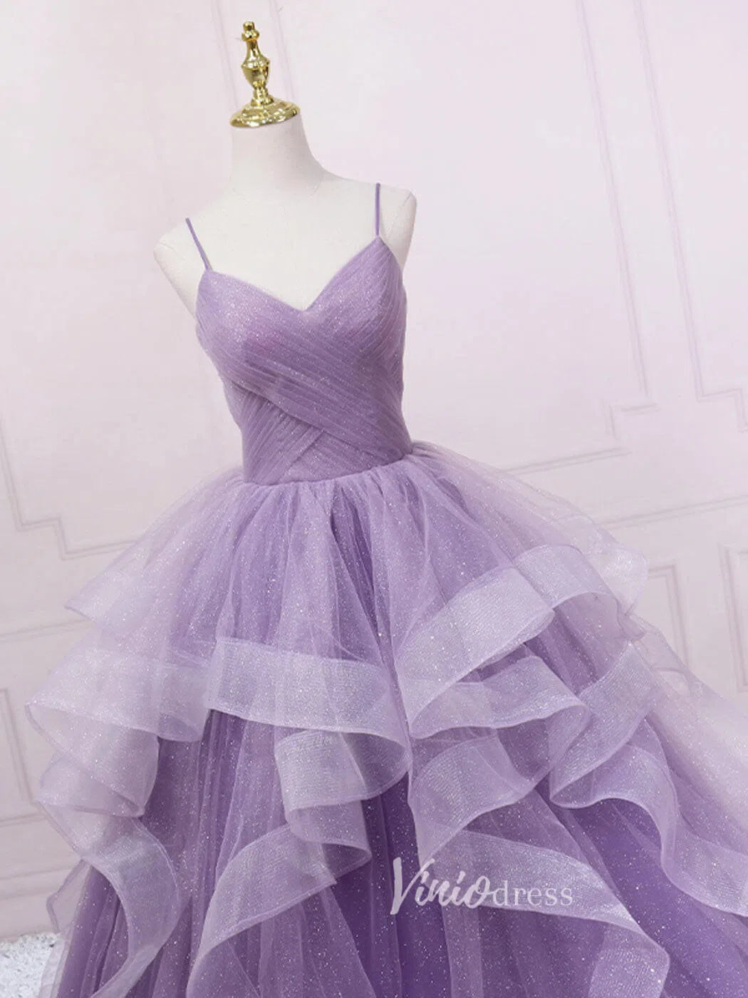 Prom Dress 2025 Lavender Tiered Spaghetti Strap Prom Dresses Sparkly Tulle Evening Dress FD3121-unique prom dresses-Lavender-Custom Size-Viniodress