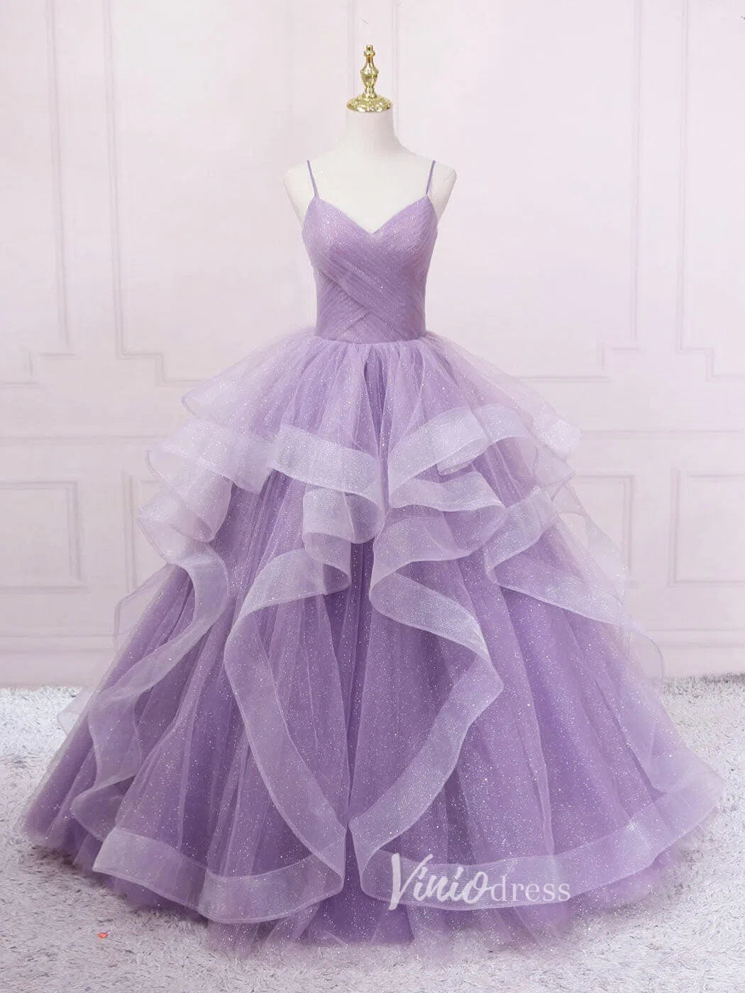 Prom Dress 2025 Lavender Tiered Spaghetti Strap Prom Dresses Sparkly Tulle Evening Dress FD3121-unique prom dresses-Lavender-Custom Size-Viniodress