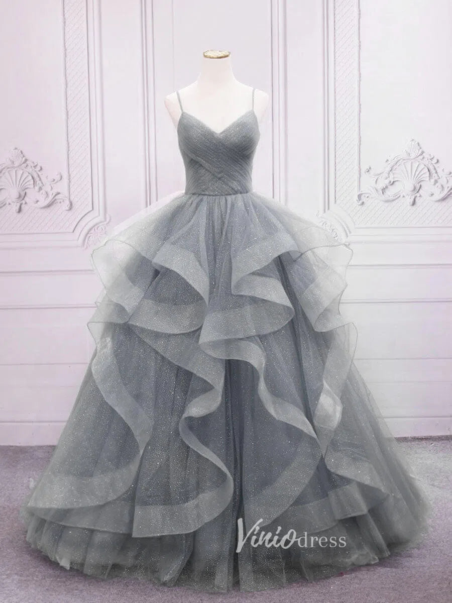 Prom Dress 2025 Lavender Tiered Spaghetti Strap Prom Dresses Sparkly Tulle Evening Dress FD3121-unique prom dresses-Grey-Custom Size-Viniodress