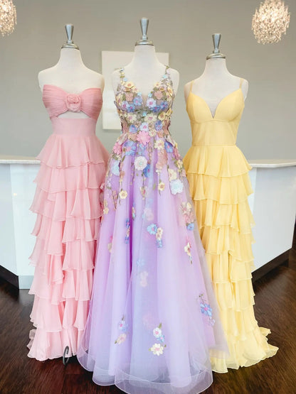 Lavender Tulle Prom Dress 2025 A-Line Floral Formal Gown with 3D Flowers & Pockets- FD3807-prom dresses 2025 -Viniodress-Lavender-Custom Size-