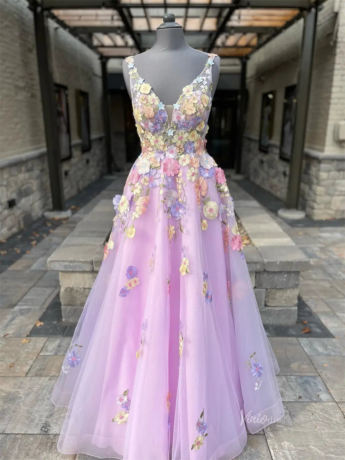 Lavender Tulle Prom Dress 2025 A-Line Floral Formal Gown with 3D Flowers & Pockets- FD3807-prom dresses 2025 -Viniodress-Lavender-Custom Size-