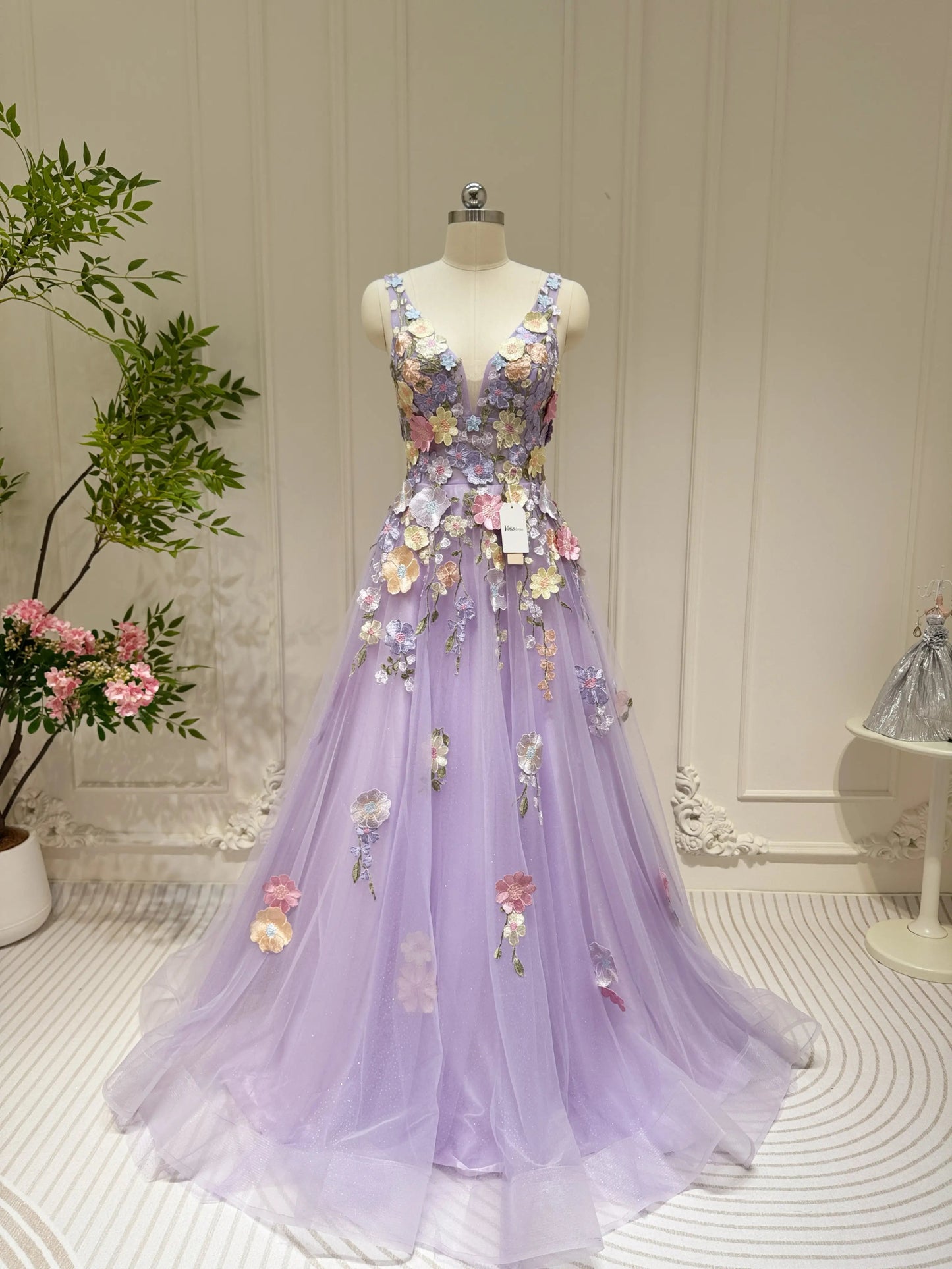 Lavender Tulle Prom Dress 2025 A-Line Floral Formal Gown with 3D Flowers & Pockets- FD3807-prom dresses 2025 -Viniodress-Lavender-Custom Size-