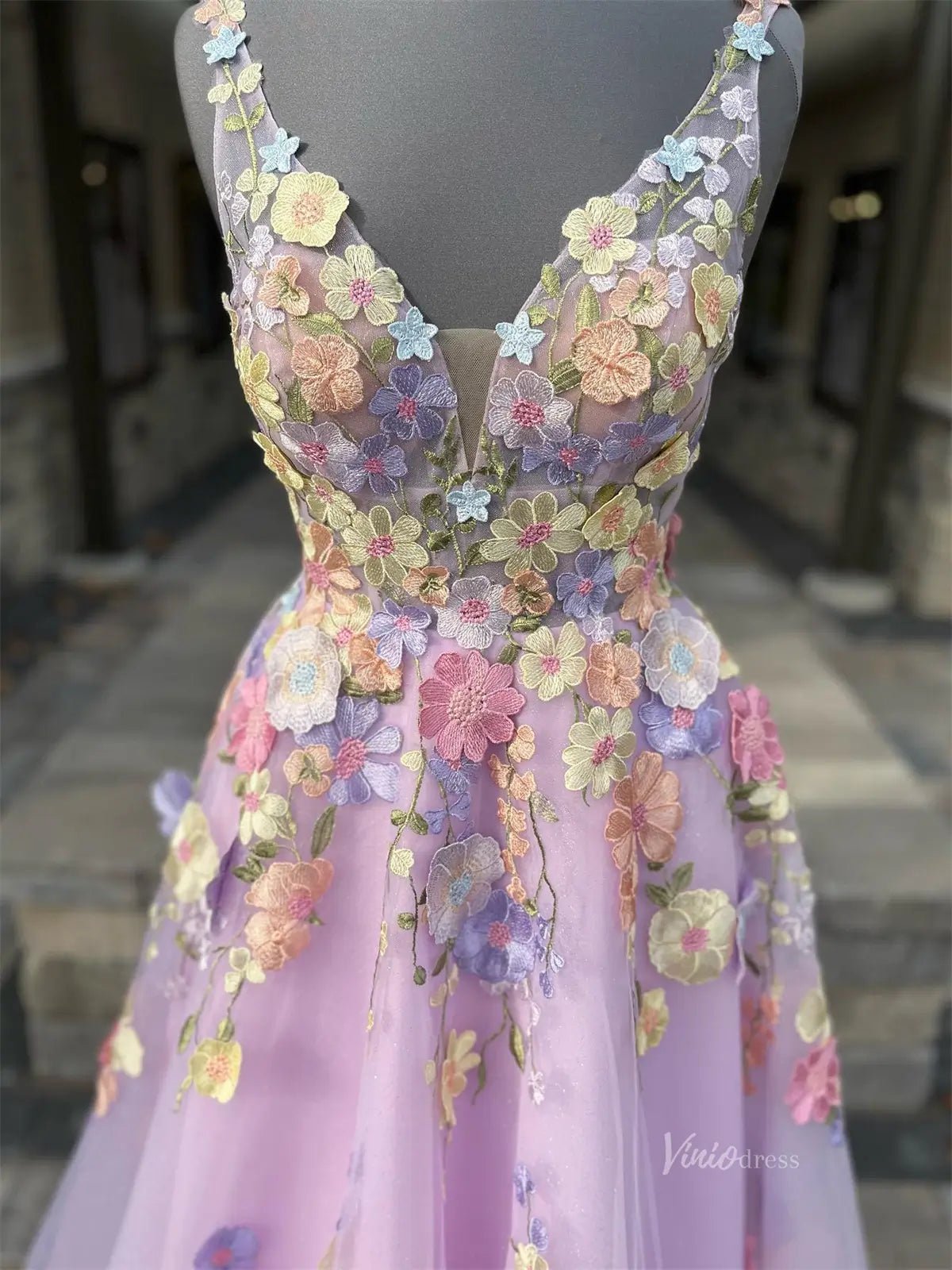 Lavender Tulle Prom Dress 2025 A-Line Floral Formal Gown with 3D Flowers & Pockets- FD3807-prom dresses 2025 -Viniodress-Lavender-Custom Size-