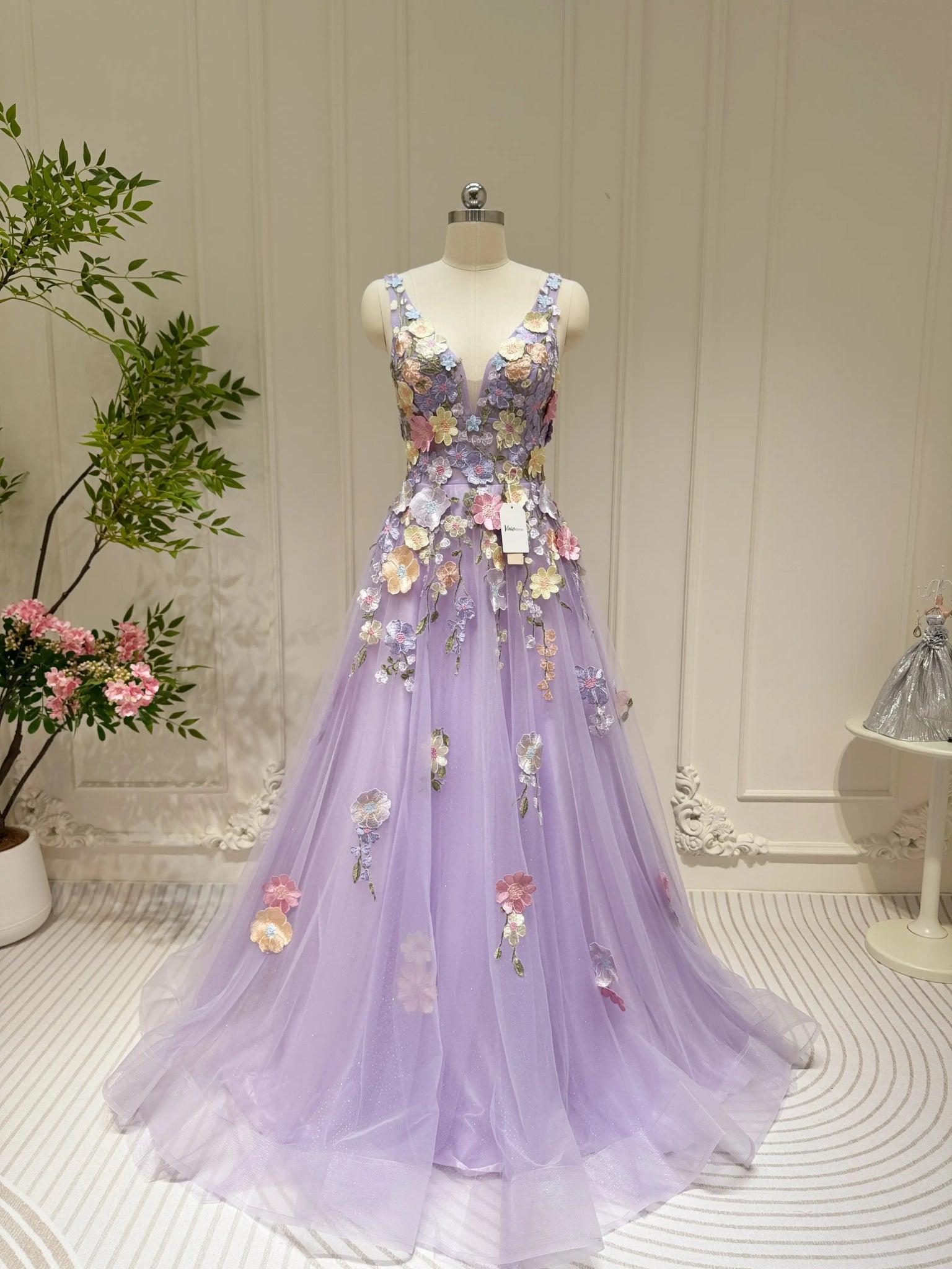 Lavender Tulle Prom Dress A-Line Floral Formal Gown with 3D Flowers & Viniodress Lavender Tulle Prom Dress A-Line Floral Formal Gown with 3D Flowers & Viniodress