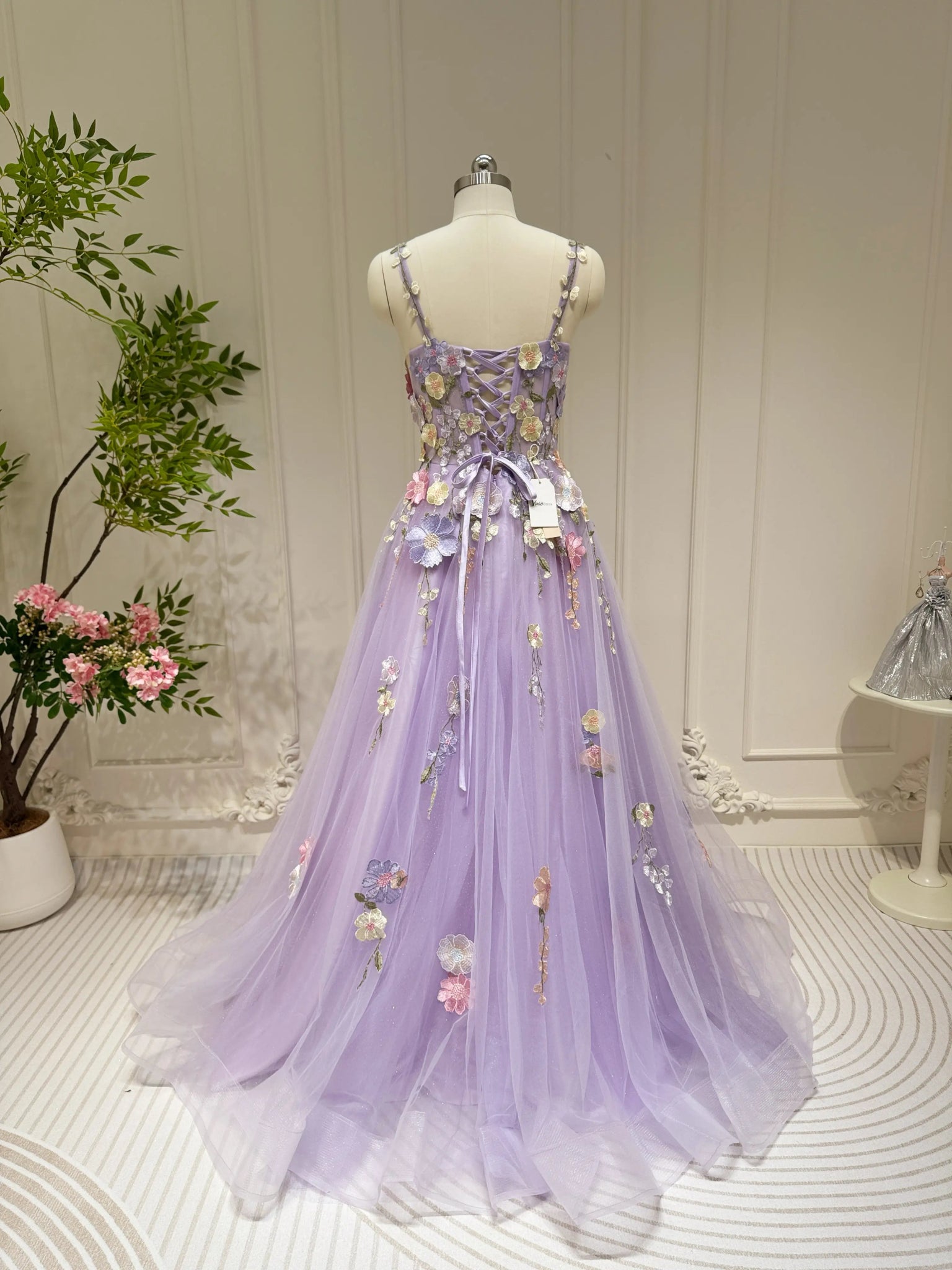 Lavender Tulle Prom Dress A-Line Floral Formal Gown with 3D Flowers & Viniodress Lavender Tulle Prom Dress A-Line Floral Formal Gown with 3D Flowers & Viniodress
