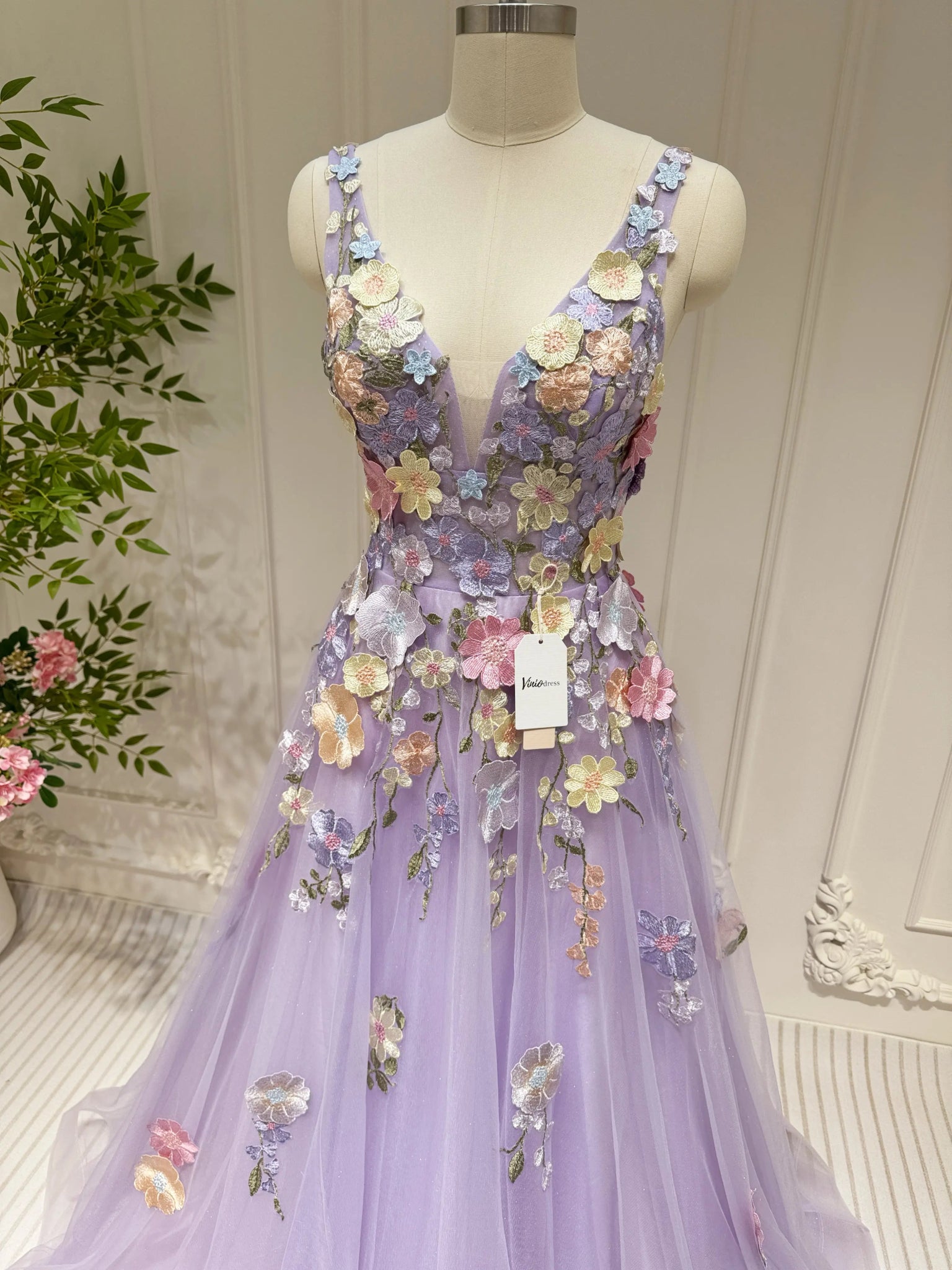 Lavender Tulle Prom Dress A-Line Floral Formal Gown with 3D Flowers & Viniodress Lavender Tulle Prom Dress A-Line Floral Formal Gown with 3D Flowers & Viniodress