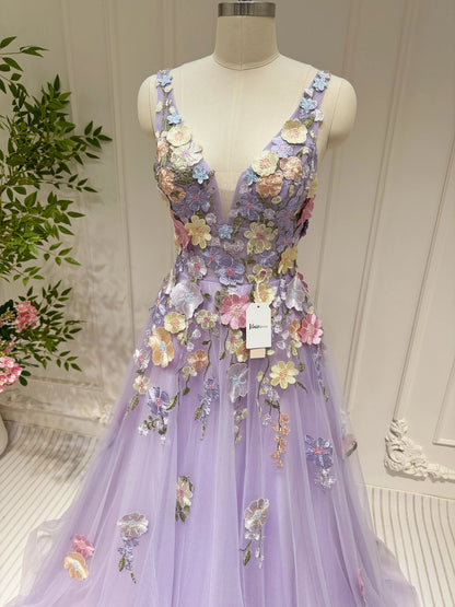 Lavender Tulle Prom Dress 2025 A-Line Floral Formal Gown with 3D Flowers & Pockets- FD3807-prom dresses 2025 -Viniodress-Lavender-Custom Size-