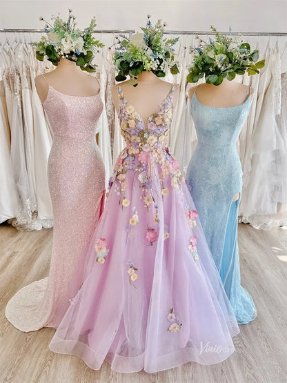 Lavender Tulle Prom Dress 2025 A-Line Floral Formal Gown with 3D Flowers & Pockets- FD3807-prom dresses 2025 -Viniodress-Lavender-Custom Size-