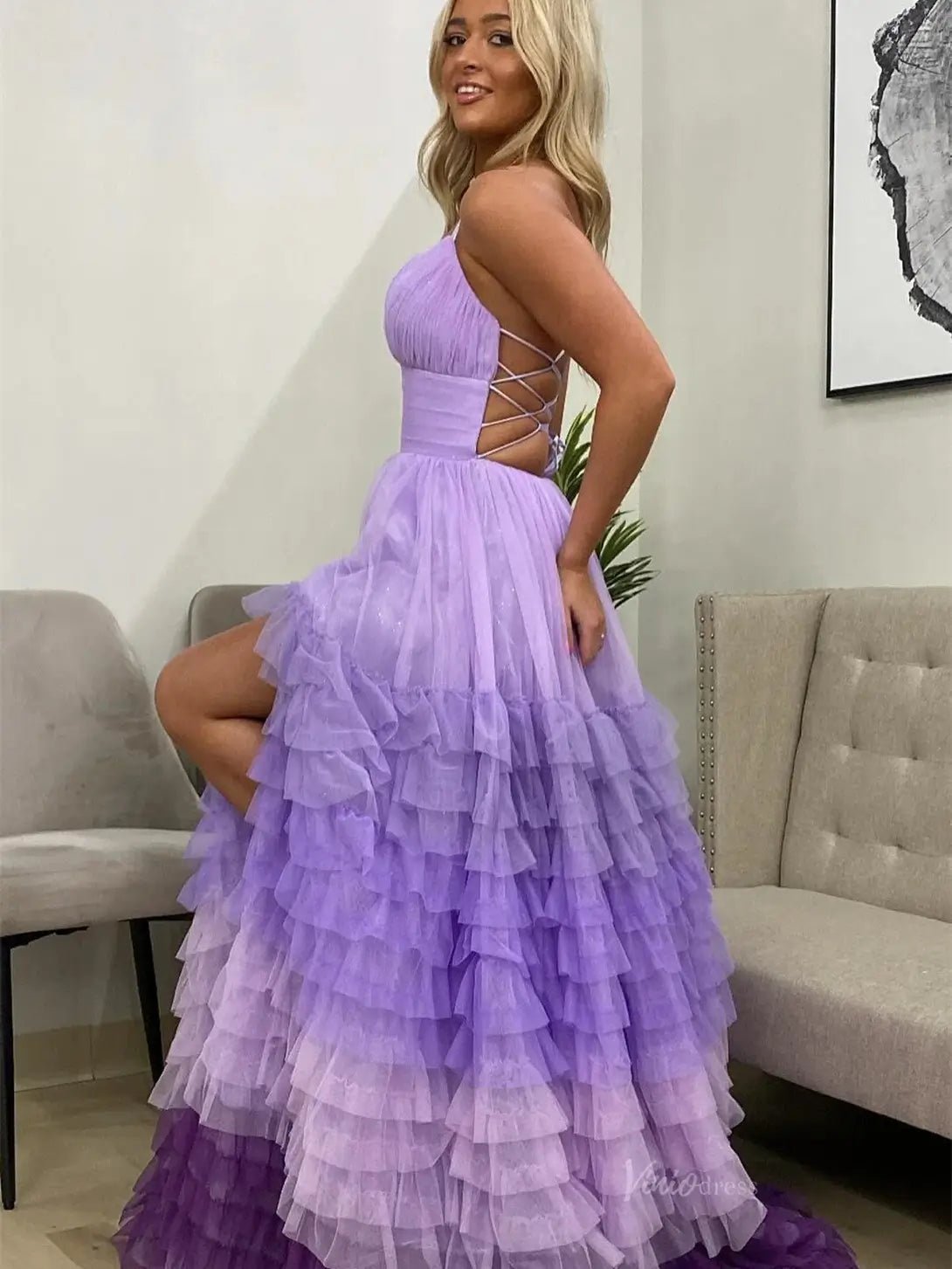 Lavender Tulle Prom Dresses 2025 Ruffled Spaghetti Strap Formal Gown with Slit FD3705-prom dresses 2025 -Viniodress-Lavender-Custom Size-