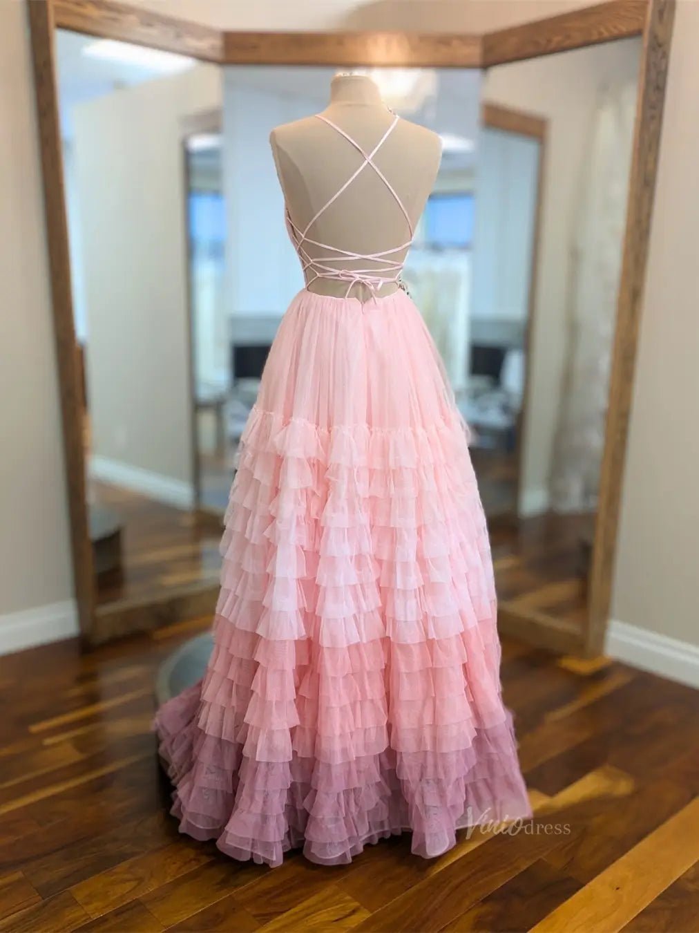Lavender Tulle Prom Dresses 2025 Ruffled Spaghetti Strap Formal Gown with Slit FD3705-prom dresses 2025 -Viniodress-Lavender-Custom Size-