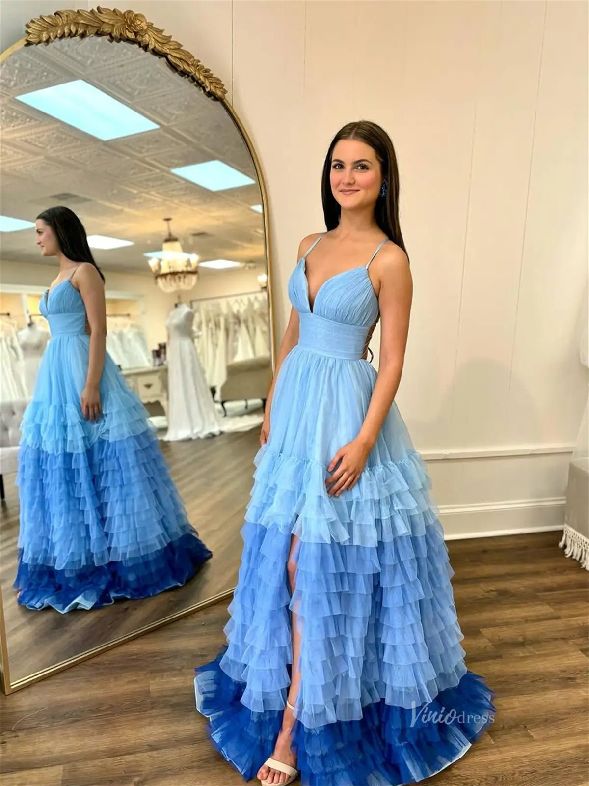 Lavender Tulle Prom Dresses 2025 Ruffled Spaghetti Strap Formal Gown with Slit FD3705-prom dresses 2025 -Viniodress-Lavender-Custom Size-