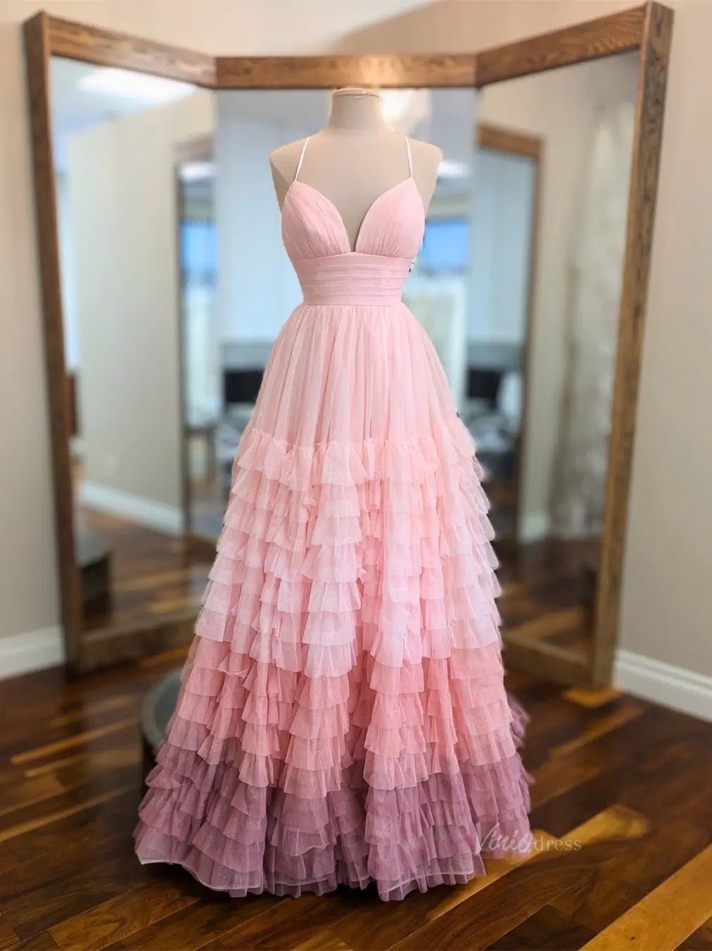 Lavender Tulle Prom Dresses 2025 Ruffled Spaghetti Strap Formal Gown with Slit FD3705-prom dresses 2025 -Viniodress-Pink-Custom Size-