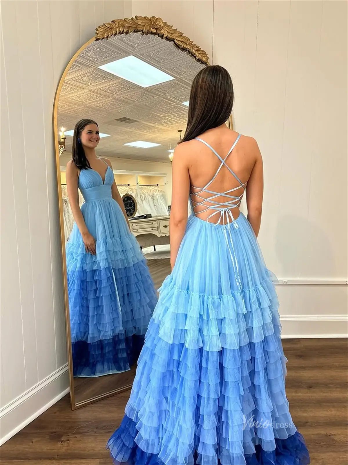 Lavender Tulle Prom Dresses 2025 Ruffled Spaghetti Strap Formal Gown with Slit FD3705-prom dresses 2025 -Viniodress-Lavender-Custom Size-