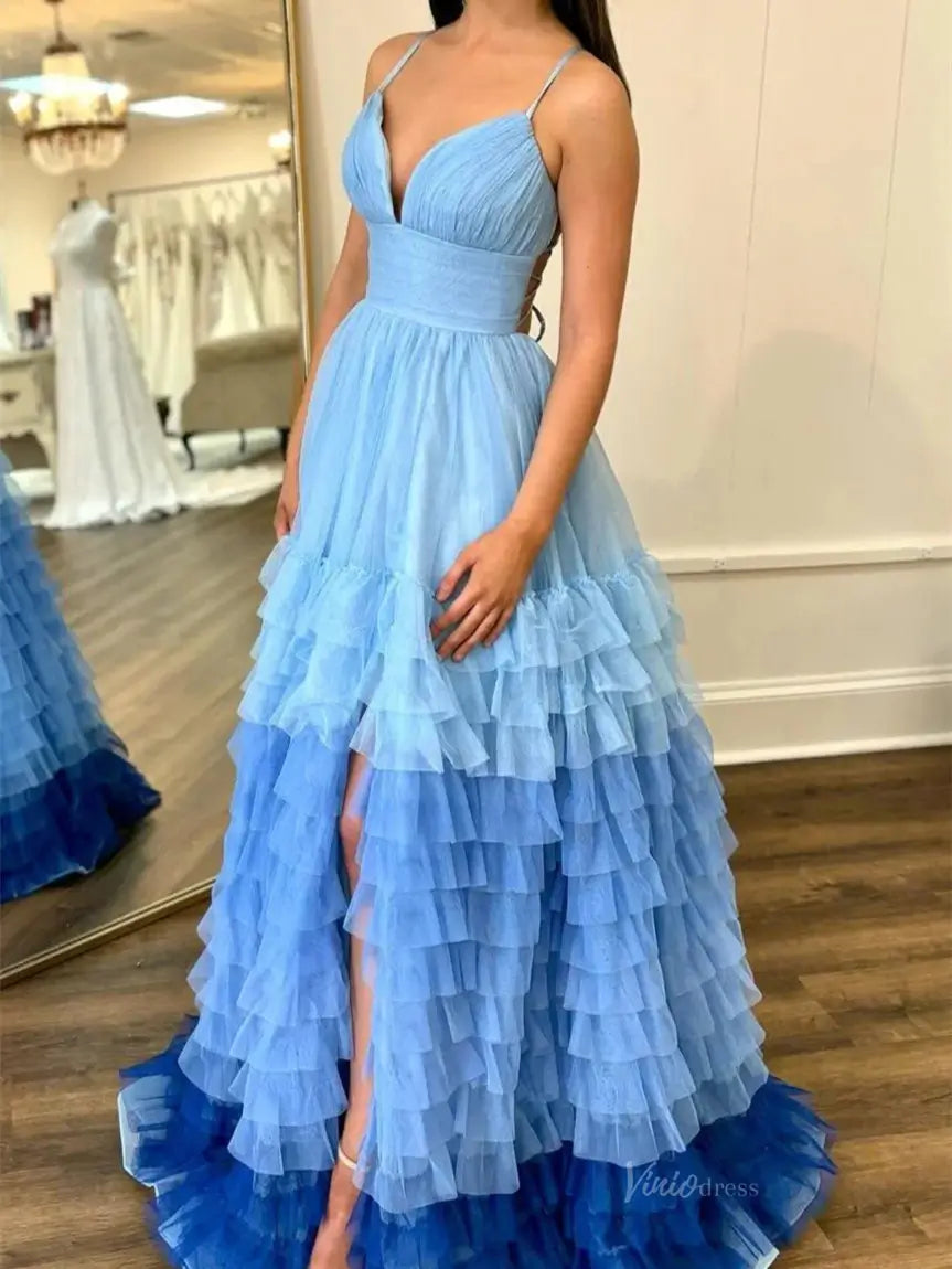 prom dresses 2025-to impress Lavender Tulle Prom Dresses 2025 Ruffled Spaghetti Strap Formal Gown with Slit FD3705-plus size wedding dresses Viniodress-Blue-Custom Size-