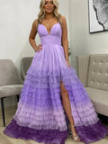 prom dresses 2025-to impress Lavender Tulle Prom Dresses 2025 Ruffled Spaghetti Strap Formal Gown with Slit FD3705-plus size wedding dresses Viniodress-Lavender-Custom Size-