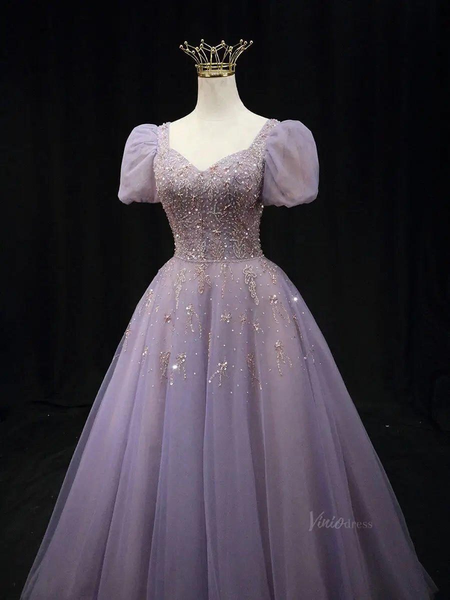 Lavender Tulle Prom Dresses with Puffed Sleeve, Beaded Lace, Quinceanera Dresses SU048-prom dresses 2025 -Viniodress-Lavender-Custom Size-