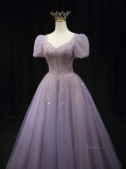 Lavender Tulle Prom Dresses with Puffed Sleeve, Beaded Lace, Quinceanera Dresses SU048-prom dresses 2025 -Viniodress-Lavender-Custom Size-