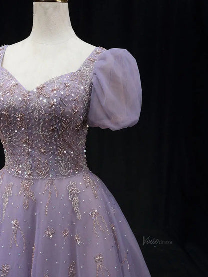 Lavender Tulle Prom Dresses with Puffed Sleeve, Beaded Lace, Quinceanera Dresses SU048-prom dresses 2025 -Viniodress-Lavender-Custom Size-