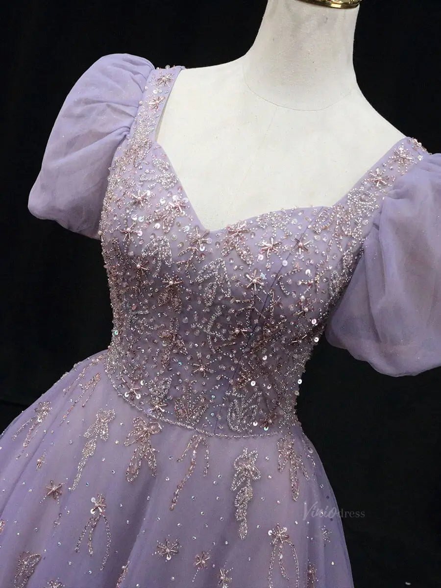 Lavender Tulle Prom Dresses with Puffed Sleeve, Beaded Lace, Quinceanera Dresses SU048-prom dresses 2025 -Viniodress-Lavender-Custom Size-