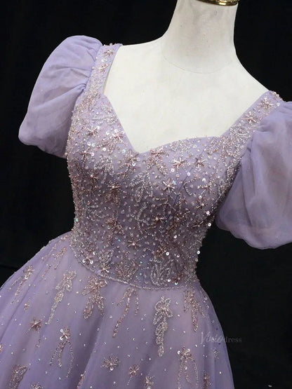 Lavender Tulle Prom Dresses with Puffed Sleeve, Beaded Lace, Quinceanera Dresses SU048-prom dresses 2025 -Viniodress-Lavender-Custom Size-