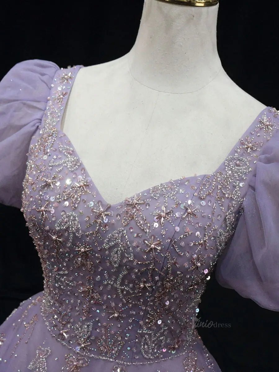 Lavender Tulle Prom Dresses with Puffed Sleeve, Beaded Lace, Quinceanera Dresses SU048-prom dresses 2025 -Viniodress-Lavender-Custom Size-