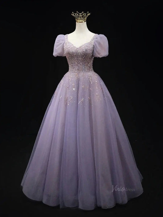 Lavender Tulle Prom Dresses with Puffed Sleeve, Beaded Lace, Quinceanera Dresses SU048 - Viniodressprom dressesLavenderCustom Size - Formal Dresses - Ball Gowns