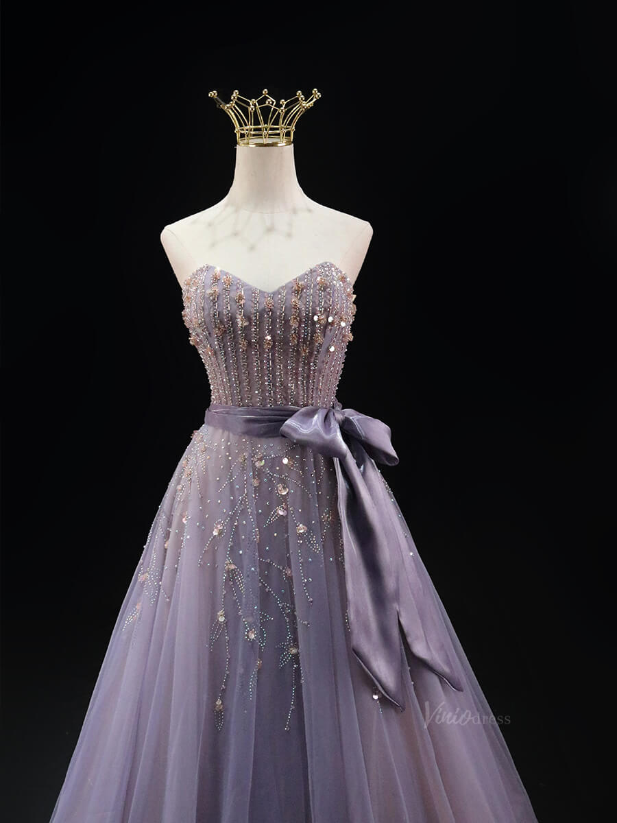 Lavender Tulle Prom Dresses with Removable Puffed Sleeve, Beaded Lace, Bow, Quince Dresses SU003-prom dresses 2025 -Viniodress-Lavender-Custom Size-