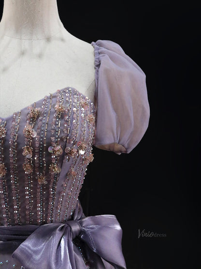 Lavender Tulle Prom Dresses with Removable Puffed Sleeve, Beaded Lace, Bow, Quince Dresses SU003-prom dresses 2025 -Viniodress-Lavender-Custom Size-