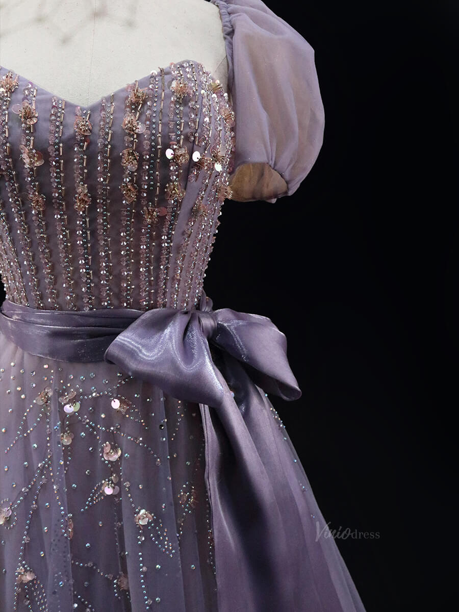 Lavender Tulle Prom Dresses with Removable Puffed Sleeve, Beaded Lace, Bow, Quince Dresses SU003-prom dresses 2025 -Viniodress-Lavender-Custom Size-