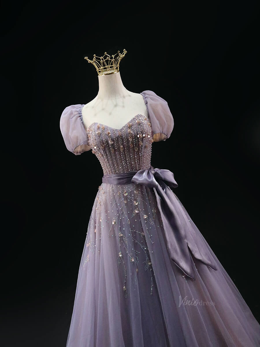 Lavender Tulle Prom Dresses with Removable Puffed Sleeve, Beaded Lace, Bow, Quince Dresses SU003-prom dresses 2025 -Viniodress-Lavender-Custom Size-