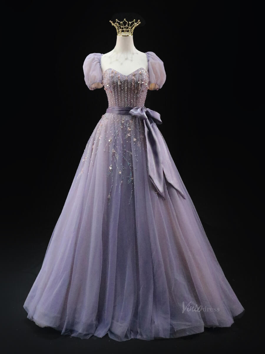 Lavender Tulle Prom Dresses with Removable Puffed Sleeve, Beaded Lace, Bow, Quince Dresses SU003-prom dresses 2025 -Viniodress-Lavender-Custom Size-